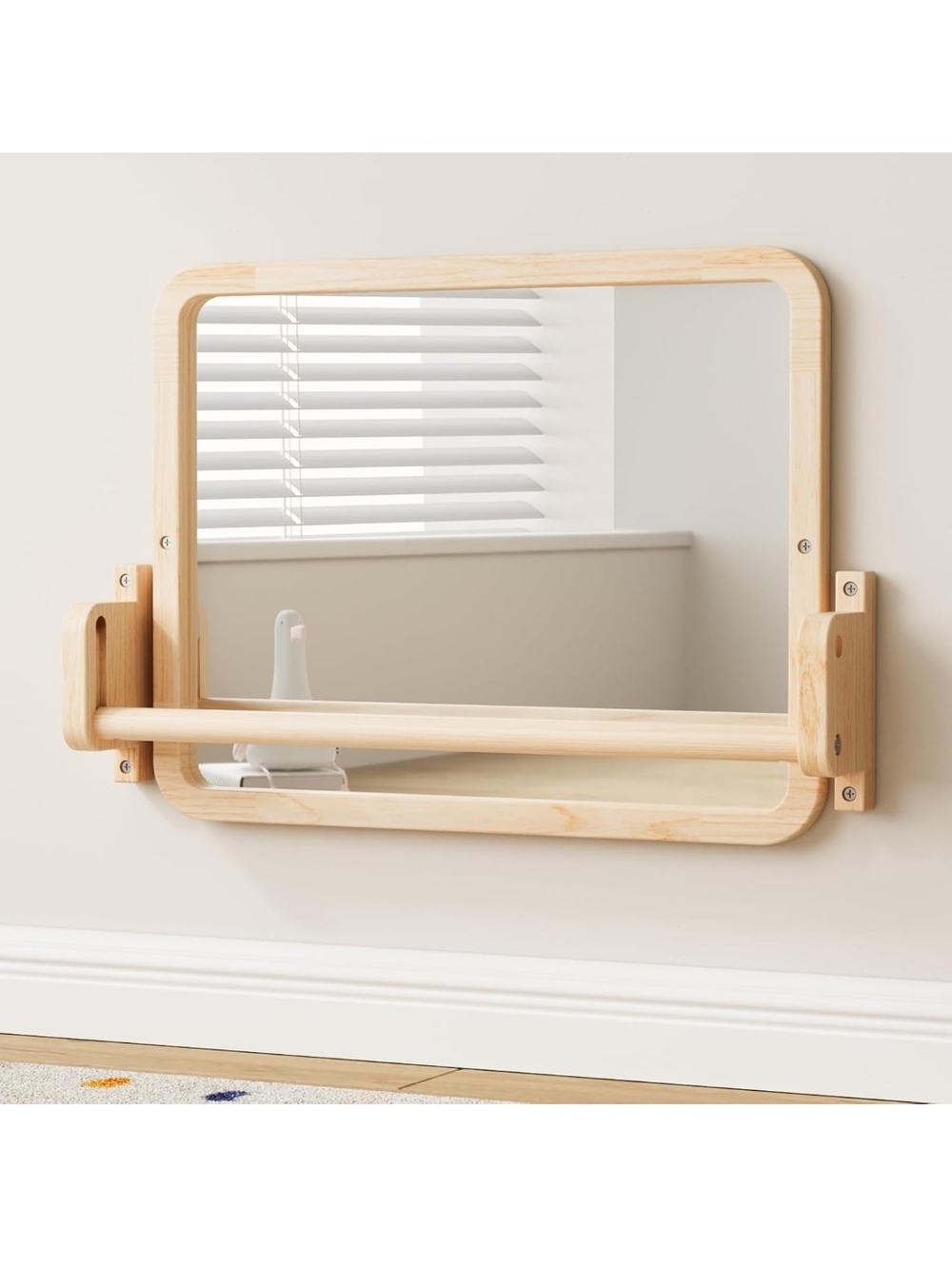 Wall-Mounted Natural Wood Vanity Mirror with Safety Rail - Light Beige